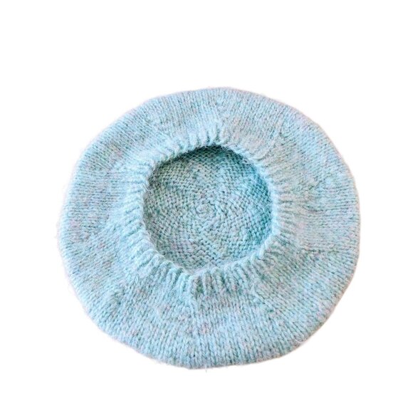 Handmade Womens Fuzzy Beret Hat Light Blue Marled Purple Flecks Winter Warm - Picture 5 of 5